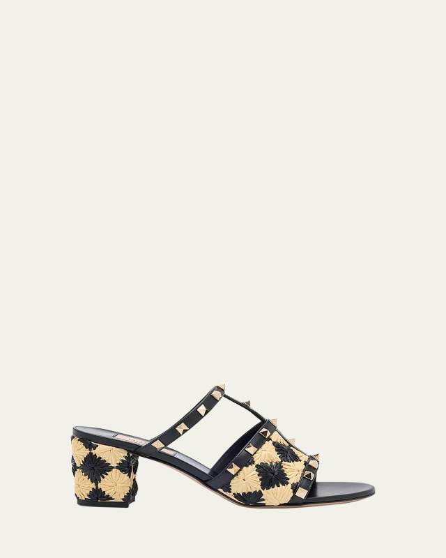 Rockstud Raffia T-Strap Slide Sandals